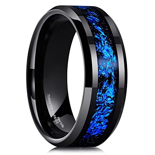 King Will Mens 8mm Black Tungsten Carbide Wedding Ring Blue Foils Inlay Tungsten Ring Beveled Edge Tungsten Ring 9