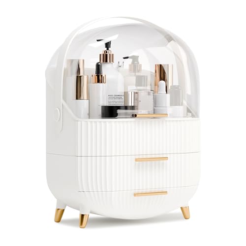 lurcns Makeup Organizers and Storage, Make up Organizer for Vanity Cosmetics Skincare Organizers With Lid and Drawers Display Cases for Countertop（White）
