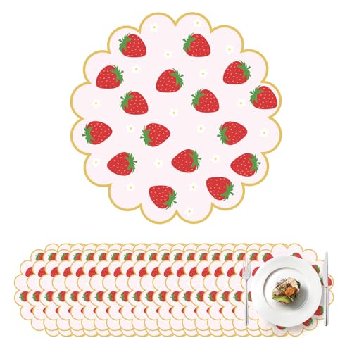 100Pcs Strawberry Paper Placemats Pink Fruit Place Mats 13.5 Inch Disposable Round Decorative Dining Table Mats with Scalloped Edges Paper Cutouts for Spring Birthday Bridal Wedding Party Supplies