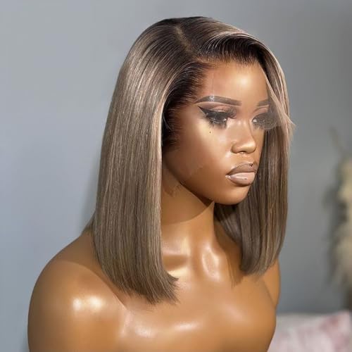 koinu Ash Blonde Bob Wig Human Hair 180 Density 13x4 Hd Lace Front Wigs Human Hair Bob Wigs for Black Women Ombre Ash Blonde Straight Bob Wig with Dark Roots Invisible Knots Pre Plucked 12 inch