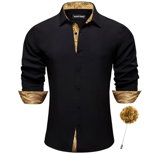 Barry.Wang Black and Gold Dress Shirt for Men Button Down Long Sleeve Paisley Cowboy Casual Shirts Button Up Western Formal