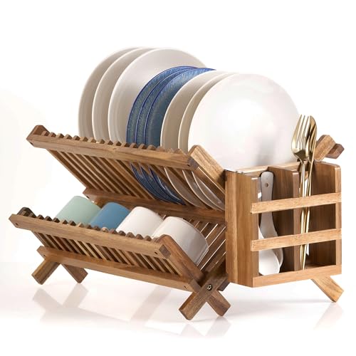NOVAYEAH Acacia Wooden Dish Drying Rack for Kitchen Counter 2-Tier Collapsible Bmaboo Dish Drying Rack with Utensil Holder-Large Folding Dish Drainer Rack with Flatware Holder