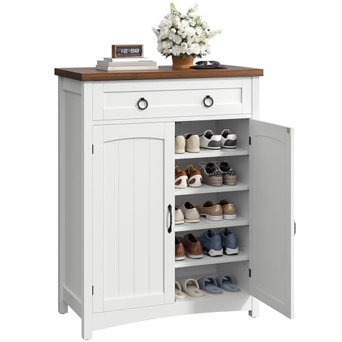 DWVO 5-Tier Shoe Storage Cabinet, Farmhouse Shoes Rack Cabinet with Adjustable Shelf, 43" Tall Shoe Organizer with Drawer & Doors for Entryway Hallway Living Room Closet (White)