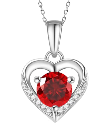 Eastlily Heart Ruby Zirconia Necklace for Women,925 Sterling Silver Birthstone Pendant July-Ruby,Sterling Silver Necklace Pendant with Titanium Steel Chain 18",Women's Jewelry Gift for Birthday
