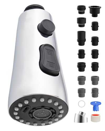 Hygie Rinse Universal Stainless Faucet Head Replacement Pull Down Kitchen Faucet Head with 15 Adapters, 3 Water Modes Kitchen Sink Faucet Sprayer Head, Chrome Finish