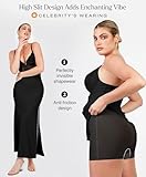 Popilush Shapewear Dress Deep-V Neck Lace Satin Drape Slip Split Bodycon Cocktail Maxi Dresses for Women Black