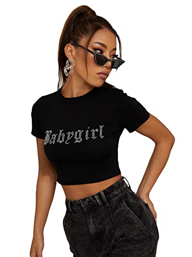 SOLY HUX Women's Graphic Tees Y2k Crop Top Short Sleeve T Shirt Tee Summer Tops Black Letter Rhinestone S