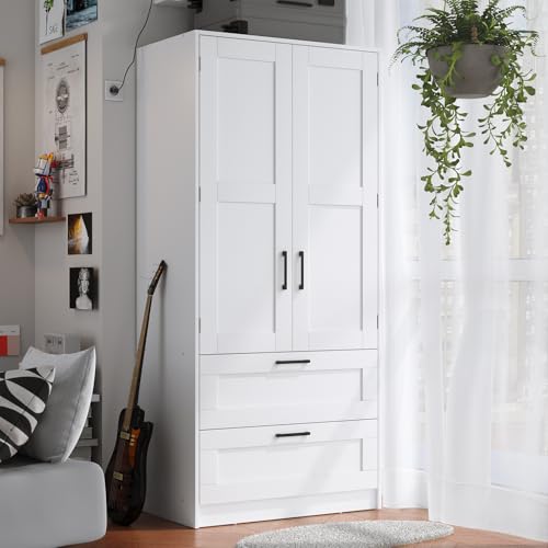 Fddevelop Wood White Wardrobe Closet with 2 Doors and Drawers，Bedroom Freestanding Armoire Storage Cabinet with Shelves，Wooden Wardrobe Combination for Hanging Clothes (White 2 Drawers)