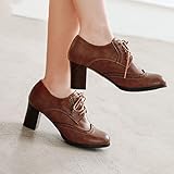 SHEMEE Women's Chunky High Heels Wingtip Oxfords Round Toe Lace Up Stacked Block Heel Vintage Brogues Pumps Shoes(Brown,US 7.5)