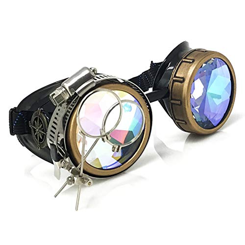 Steampunk Victorian Style Goggles with Compass Design & Ocular Loupe,3D Rainbow Prism Kaleidoscope Rave Glasses