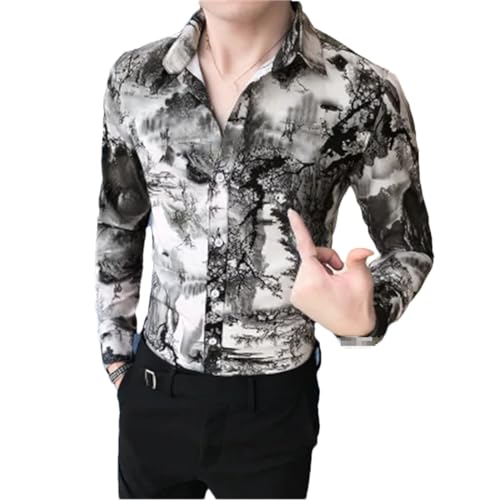 Dvbfufv Men Korean Luxury Shirts Men's Social Shirt Slim Fit Casual Fashion Print Long Sleeve Shirts