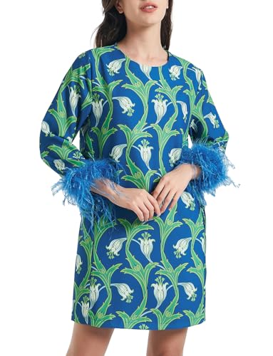 D-Sun Women Feather Dress Round Neck Casual 3/4 Feather Sleeves Party Dress Elegant Wedding Guest Cocktail Mini Dresses Dark Blue