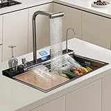 FVVJVV Dual Waterfall Kitchen Sink Modern Kitchen Sink Single Bowl Digital Smart Sink with Soap Dispenser Stainless Steel Sink with Pull-Out Faucet Workstation Sink with Honeycomb(29.5x18.1in)