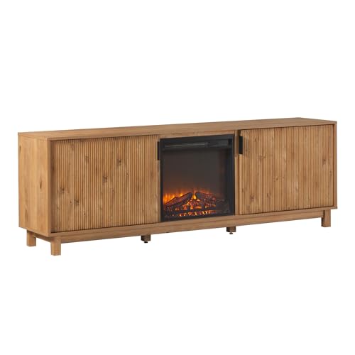 Walker Edison Arundo Reeded TV Stand with Fireplace & Storage, 70" Fireplace, English Oak