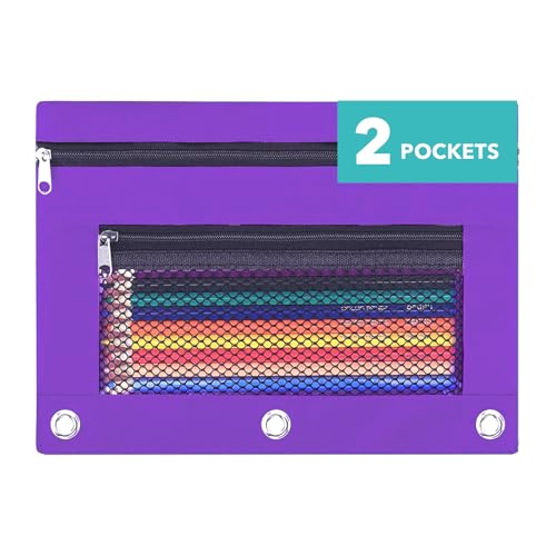 ASBEFORE Pencil Pouch for 3 Ring Binder - 3 Hole Zipper Pen Case Bag Holder Bulk Accessories Clear Window Aesthetic Organizer Pockets (Purple, 1)