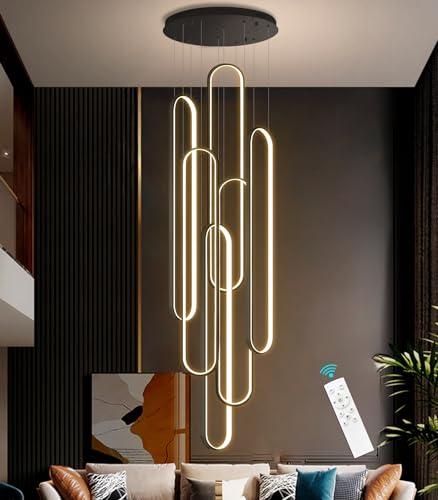 dolria 6-Rings Modern Chandelier, LED Black Large Contemporary Light for Staircase, Dimmable Flush Mount High Ceiling Chandeliers with Remote Control for Villa Foyer