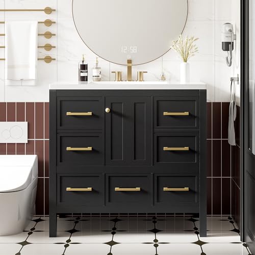 Merax 36 Inch Black Bathroom Vanity with Sink,Modern Bathroom Sink Cabinet 36" with 5 Drawers & Storage Cabinet,Spacious Integrated Countertop,Gold Handles,Soft Closing,Solid Wood Frame