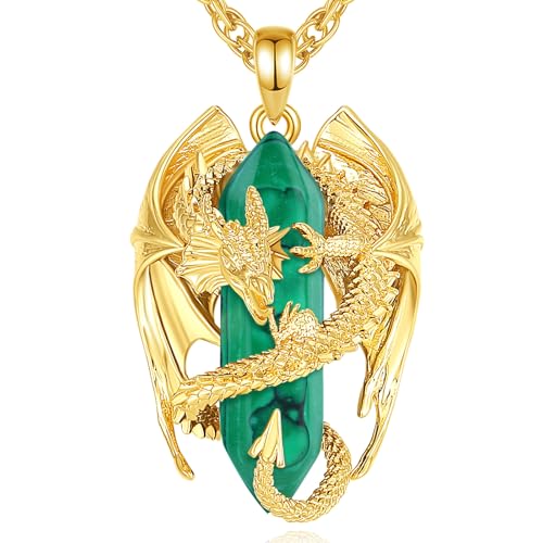 INFUSEU Dragon Jewelry for Men Women Malachite Stone Necklace Healing Green Crystal Pendant Large Spiritual Protection Gifts Cool Gothic Goth Punk Stuff