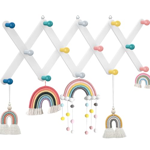 Suzile Kids Coat Rack Wall Mount Expandable Toddler Wooden Hanger Cute Coat Rack Rainbow Accordion Wall Hanger for Kids Children Hanging Backpack Bedroom Classroom Hat Clothes (Soft Color)