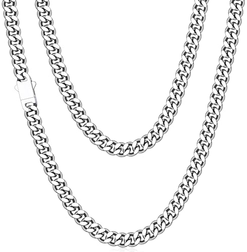 Fiusem 6mm Silver Colored Chains for Men, Silver Plated Mens Chain Cuban Link Chain Necklace for Men and Women, Stainless Steel Mens Necklaces 22 Inch