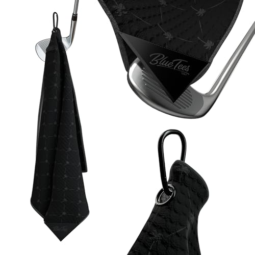 Blue Tees Golf Premium Magnetic Towel - Super Strong Magnet - Microfiber Waffle Design - Silicone Brush - Groove Cleaner - Bag Buckle - Standard & Caddy Sizes (Black/Palm Tree, Bag Towel 18x18)