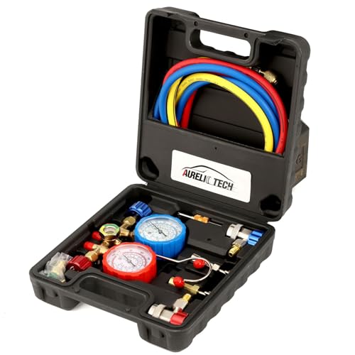 AURELIO TECH 3 Way AC Manifold Gauge Set, Fits for R134A R12 R22 and R502 Refrigerants, with 5FT Hose, Acme Tank Adapters, Quick Couplers and Can Tap