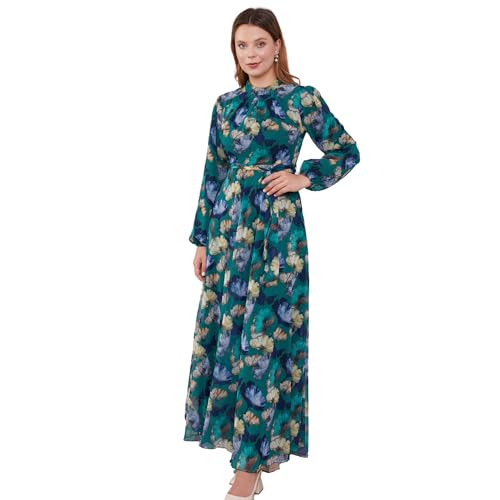 levidor Long Dress for Women's | Patterned Belted Casual Long Dresses | Women Modest Clothing İslamic Outfits Emerald Green
