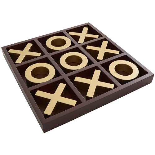 Deco 79 Wooden Tic Tac Toe Game Set with Gold X and O Pieces, 14" x 14" x 2", Brown