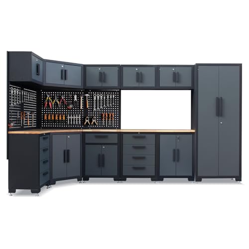 HPDMC 16-Piece Corner Garage Storage Cabinet System - Heavy Duty Black & Grey Workshop Set w/Corner Cabinet & Workbench | Metal Tool Organization for Garage Storage & Workshop Organization