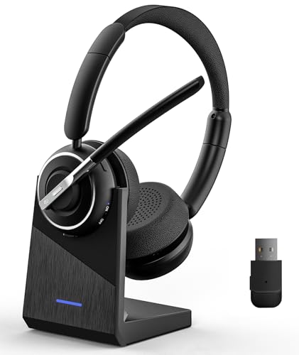PrancyBt Wireless Headset, Bluetooth Headset with AI Noise Cancelling Mic, Bluetooth V5.2 Headphones with USB Dongle, Charging Base & Mic Mute for PC/Cell Phones/Call Center (Binaural, Black)
