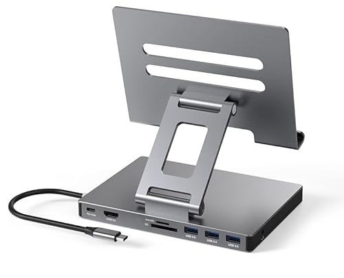 iPad Pro USB C Hub Stand, Adapter for iPad Pro M4 M2 M1 13 12.9 11 Inch iPad Air Docking Station Foldable 4K 60Hz HDMI, PD Charging, SD/TF Card Reader, 3 USB 3.0, 3.5mm Audio, iPad Dock Accessories