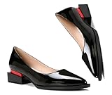 feetquake Women's Pumps Shoes Overlapping Squared Chunky Red Heel Pointed Toe Pull On Black Patent PU Leather Daily Comfortable Dress Pumps 8.5M