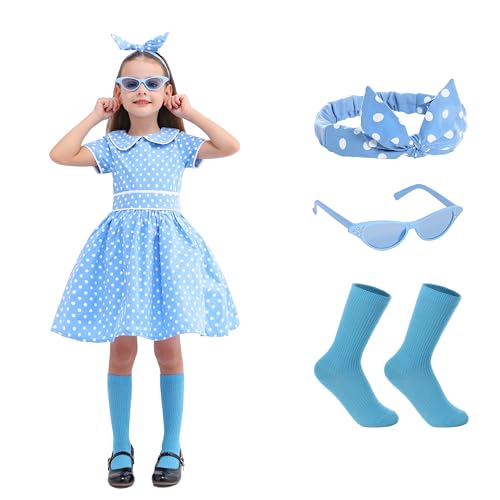 Rabtero Girls 50s Dress, Girls Special Occasion Dress, Easter Dress Costume for Girls, Polka Dot Dress with Headband, Glasses and Socks for Girls 11-12 Years, 2X-Large, Blue