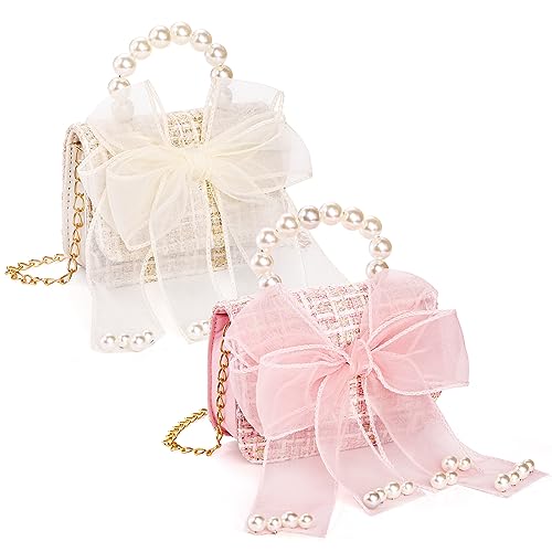 Mezchi 2 Pack Purse for Little Girls, Mini Toddler Crossbody Purse with Bowknot, Cute Fashion Princess Handbags with Pearl Handle, Detachable Gold Chain