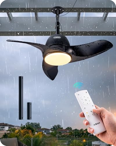 EDISHINE 30“ Outdoor Ceiling Fan with Light and Remote, IP66 Waterproof Gazebo Fan Hanging with Hook, 3CCT 6 Speed DC Motor, Matte Black Blades, Plug in Wet Rated Fan for Patio, Pergola, Porch, Garage