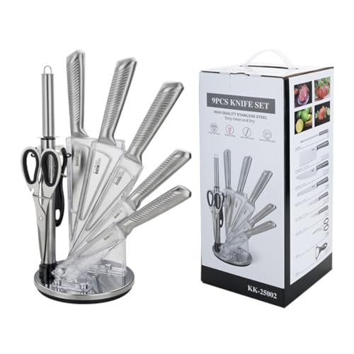 Henlutuo Stainless Steel Knife Set 9-Piece, Professional Kitchen Knives with Transparent Holder – Chef Knife, Utility Knive, Scissors, Sharpening Rod, Ideal for Home/Restaurant/Camping