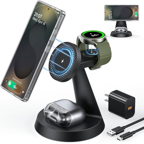 Magnetic Wireless Charger for Samsung, 3 in 1 Charging Station Compatible with MagSafe Samsung Charger for Galaxy S25 Ultra S24 Z Fold7/Flip7, Watch Charger Stand for Galaxy Watch Ultra 7 6, for Buds