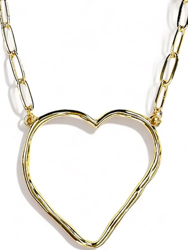 Large Heart Necklace 18k - Open Hollow Irregular Hammered Heart Dainty Statement Necklace (Heart)