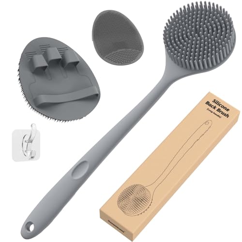 Manmihealth Silicone Back Scrubber (Thick Bristles) & Bath Glove & Face Brush Set(3PCS), Super-Exfoliating & Lathering Body Scrubber, Shower Brush, Face Scrubber Combination, with a Free Hook.(Gray)