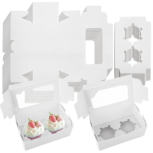 AKOLAFE 100 Set White Cupcake Boxes 2 Cupcake Holder with Lid To Go Cupcake Containers Reusable Cardboard Cupcake Boxes Bulk with Clear Window Cupcake Carrier for Cup Cake Packaging Transport Storage