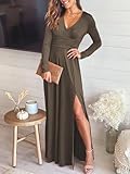 ANRABESS Women Deep V Neck Long Sleeve Slit 2024 Fall Elegant Formal Wedding Guest Cocktail Evening Date Prom Maxi Long Dress Khaki Large