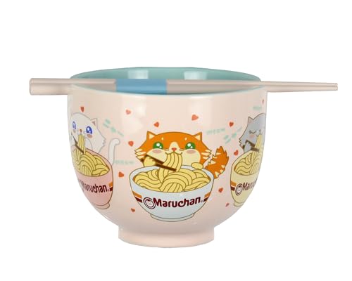 Mad Engine Ramen Bowl Maruchan Kawaii Cats Microwave Dishwasher Safe Ceramic Ramen Bowl w/Reusable Bamboo Chopsticks (Kawaii Cats)