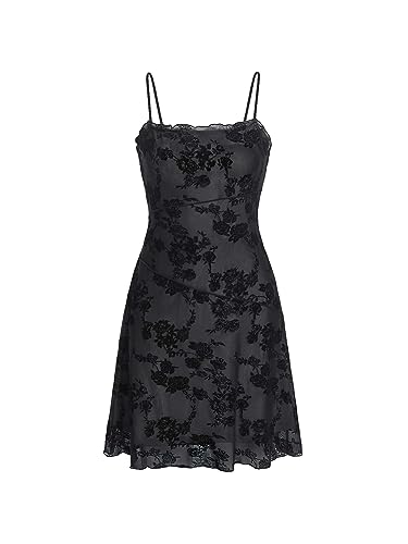 Verdusa Women's 90s Floral Mesh Grunge Dress Sleeveless Short Little Dresses Black Multi S