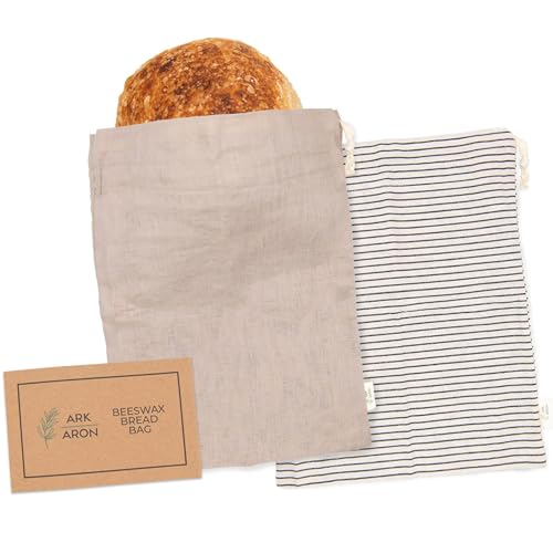 Ark & Aron Reusable Bread Bags - Pack of 2 Beeswax Bread Bags for Sourdough | Linen Bread Bag for Homemade Breads | Sourdough Loaf Bags | Cotton Food Storage Bag for Breads(Olive Leaf/Almond Branch)