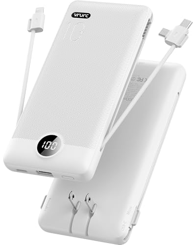 VRURC Portable Charger Built-in Cables and AC Wall Plug, USB C Power Bank 10000mAh, Travel Essentials Phone Charger Compact Lightweight External Battery Pack for Smart Phones, Tablets etc-White