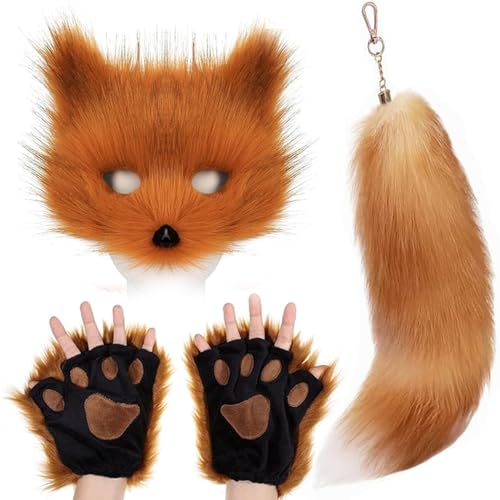 Valpeak Therian Mask and Tail Set for Girls Halloween Cat Mask Tail Cosplay Fox Mask Wolf Tail Over 1 Years Old (Golden)