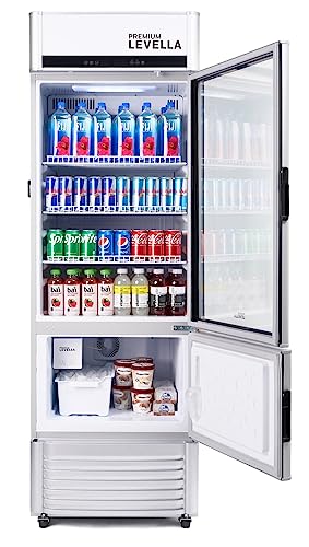 PremiumLevella PRFIM1256DX Single Glass Door Merchandiser Refrigerator-Freezer with Automatic Ice Maker Display Beverage Cooler-12.5 cu ft-Silver
