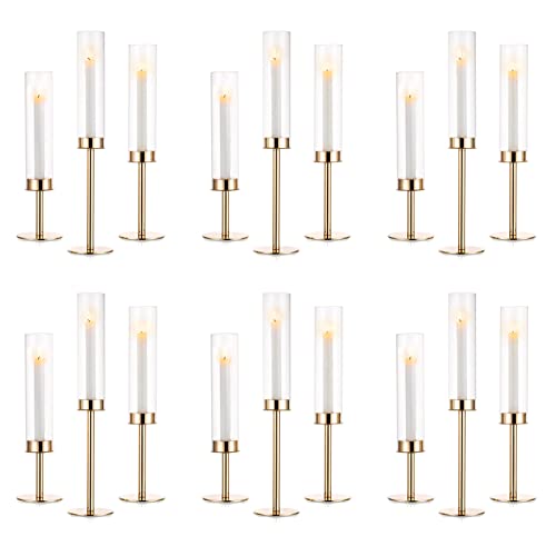 Nuptio Candlestick Holders Clear Glass Hurricane Candle Holders 18 Pcs Candle Stick Holder for Candlesticks Taper Candles Tall Candle Holder for Fireplace Anniversary Celebration Hotel Wedding Decor