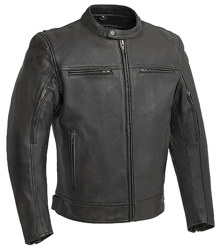First Mfg Co - Top Performer - Men's Motorcycle Biker Riding Black Leather Jacket - Large - Zip Out Thermal Liner Action Back Side Tabs