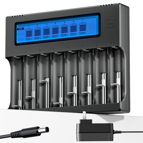 18650 Battery Charger, 8-Bay Smart Charger with 12V-OLT 5A Power Supply AC, Fast Charge Rechargeable 3.7V/3.6V Li-ion IMR Batteries RCR123 26650 18650 21700 14500 16340 10440 14430 14650 16500 16650